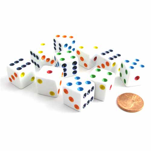 Set of 10 Six Sided D6 16mm Standard Dice Die - White with Multi-Color Pips