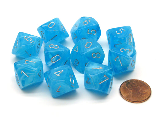 Pack of 10 Chessex Luminary D10 Glow in the Dark Dice - Sky with Silver Numbers