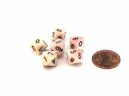 Festive 10mm Mini 10 Sided D10 Dice, 6 Pieces - Circus with Black Numbers
