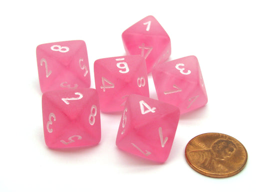Frosted 15mm 8 Sided D8 Chessex Dice, 6 Pieces - Pink with White