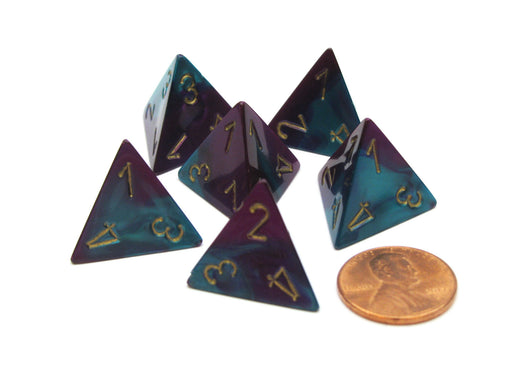 Gemini 18mm 4 Sided D4 Chessex Dice, 6 Pieces - Purple-Teal with Gold