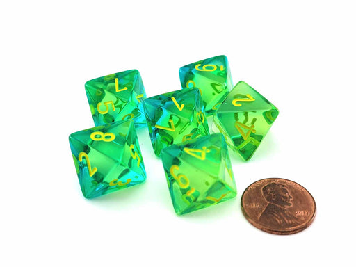 Gemini 15mm 8 Sided D8 Dice, 6 Pieces - Translucent Green-Teal with Yellow