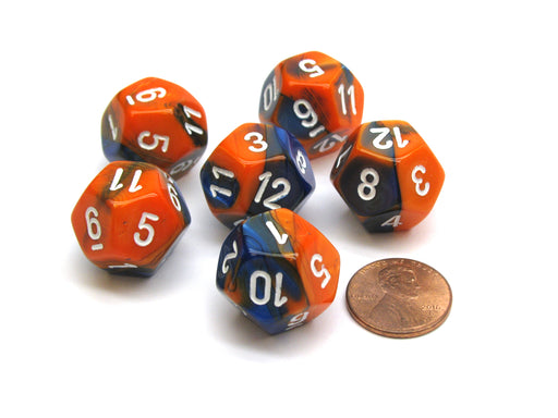 Gemini 18mm 12 Sided D12 Chessex Dice, 6 Pieces - Blue-Orange with White