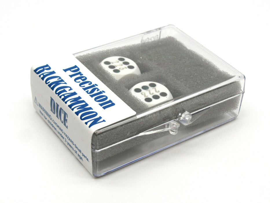 Opaque Precision Backgammon 5/8" Dice, 2 Die in Case - White with Black Pips