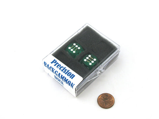 Transparent Precision Backgammon 5/8" Dice, 2 Die in Case- Green with White Pips