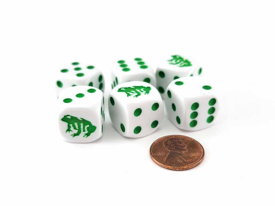 Set of 6 Frog 16mm D6 Round Edged Animal Dice - White with Green Pips