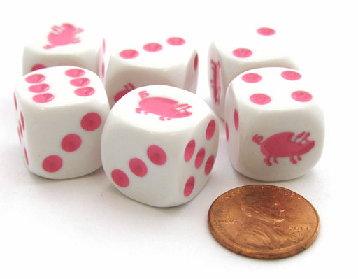 Set of 6 Pig 16mm D6 Round Edged Animal Dice - White with Pink Pips