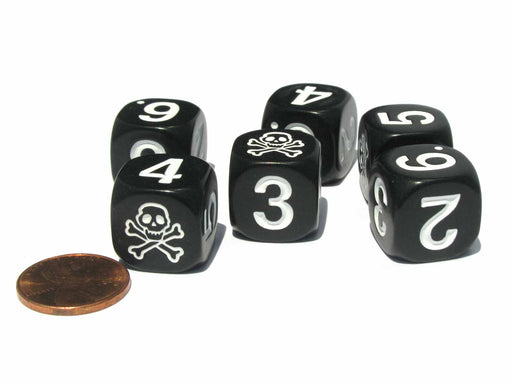 Set of 6 Skull and Crossbones 16mm Numerical Dice - Black with White Pips