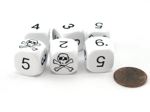 Set of 6 Skull and Crossbones 16mm Numerical Dice - White with Black Pips