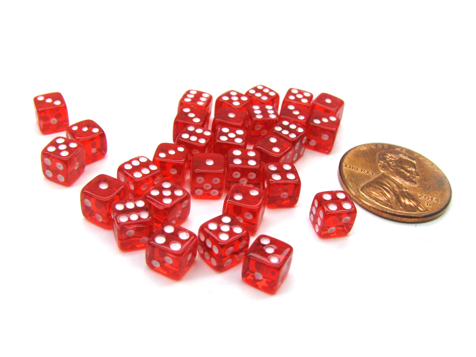 Set of 30 D6 5mm Transparent Rounded Corner Dice - Red with White Pips