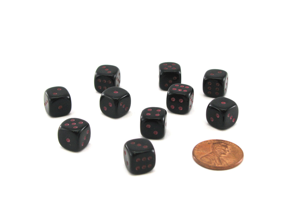 Pack of 10 Deluxe Round Edge Small 10mm Opaque D6 Dice - Black with Red Pips