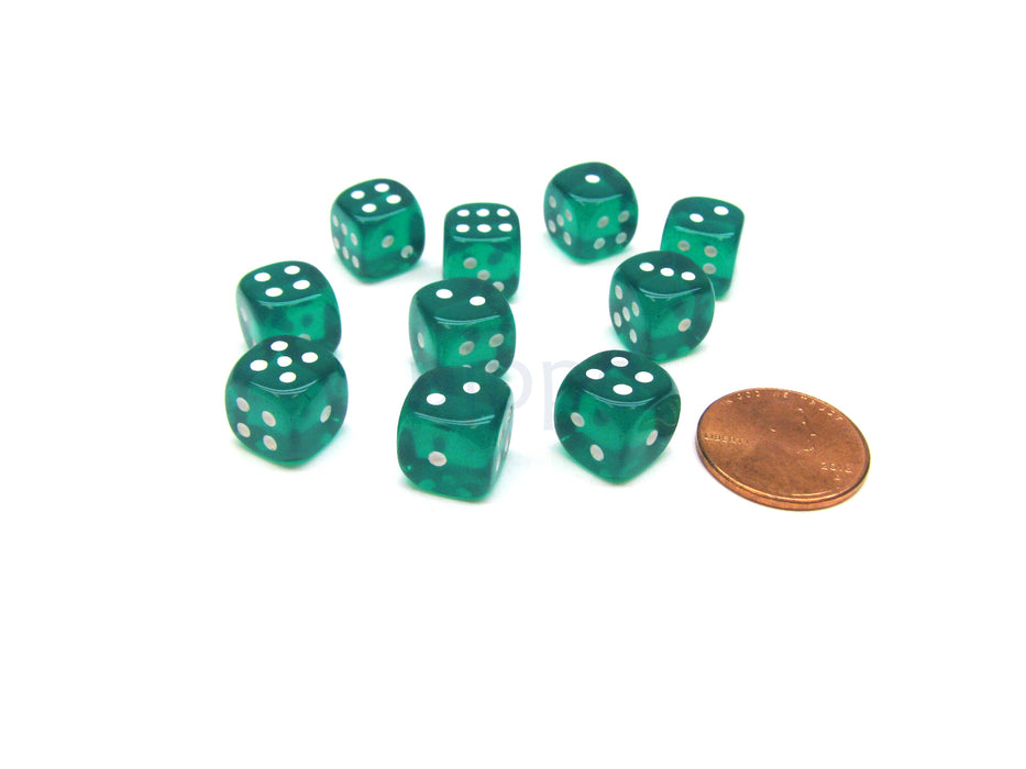 Pack of 10 Deluxe Round Edge Small 10mm Transparent D6 Dice - Green
