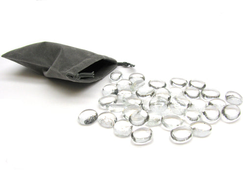 Glass Stones Board Game Pieces (approx 40 pieces) with Gray Velour Bag - Clear