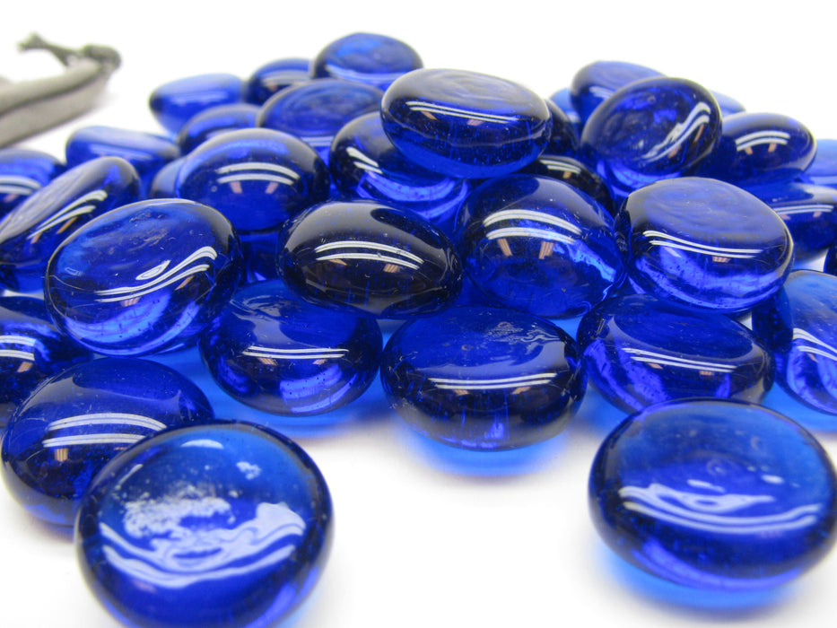 Glass Stones Board Game Pieces (~40 pieces) with Gray Velour Bag - Dark Blue