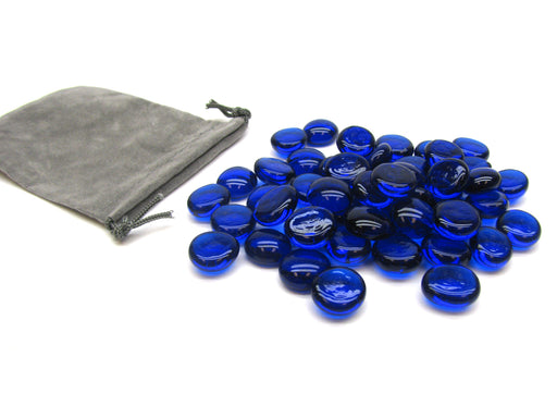 Glass Stones Board Game Pieces (~40 pieces) with Gray Velour Bag - Dark Blue