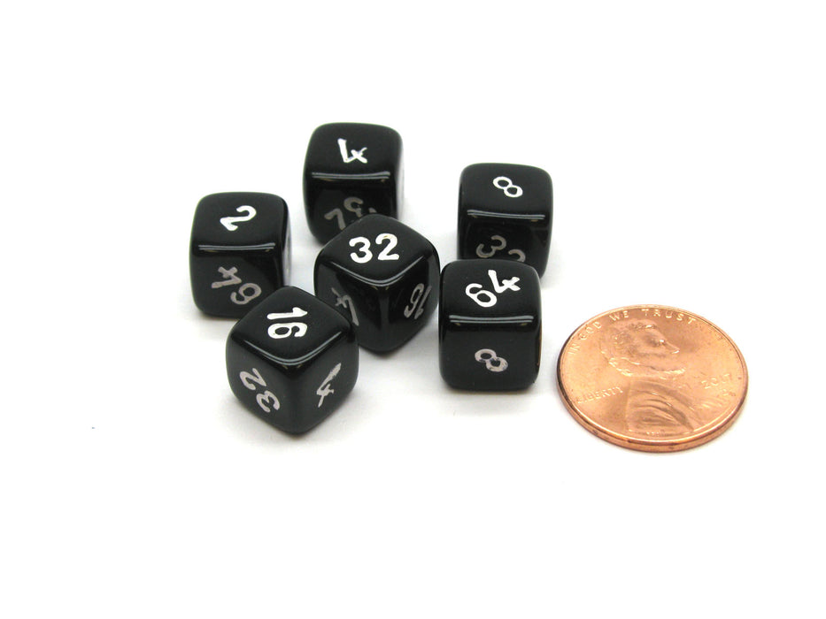 Pack of 6 Small 10mm Opaque Doubling Cube Dice - Black with White Numbers