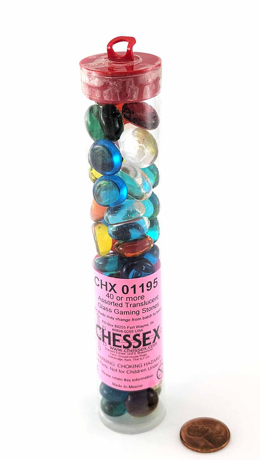 Tube of 40 Glass Gaming Stones (12-15mm), Assorted Colors - Translucent