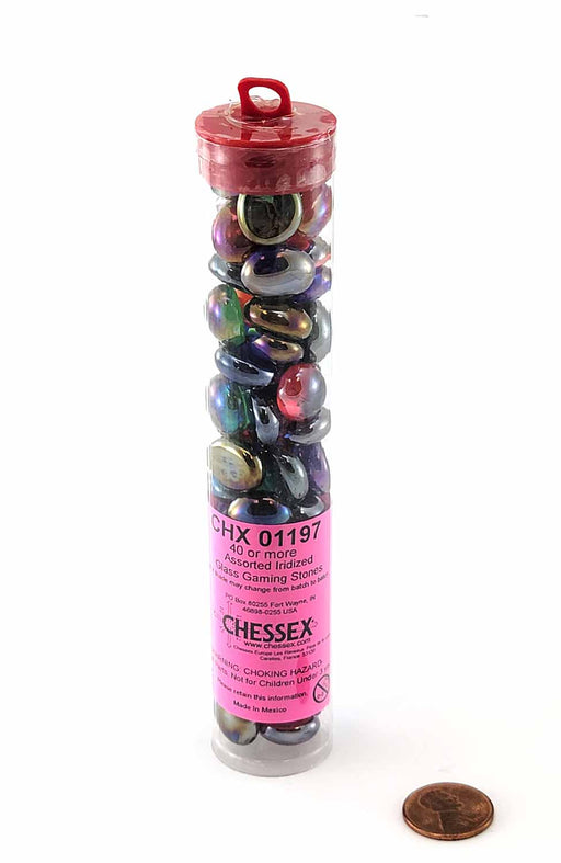 Tube of 40 Glass Gaming Stones (12-15mm), Assorted Colors - Iridized