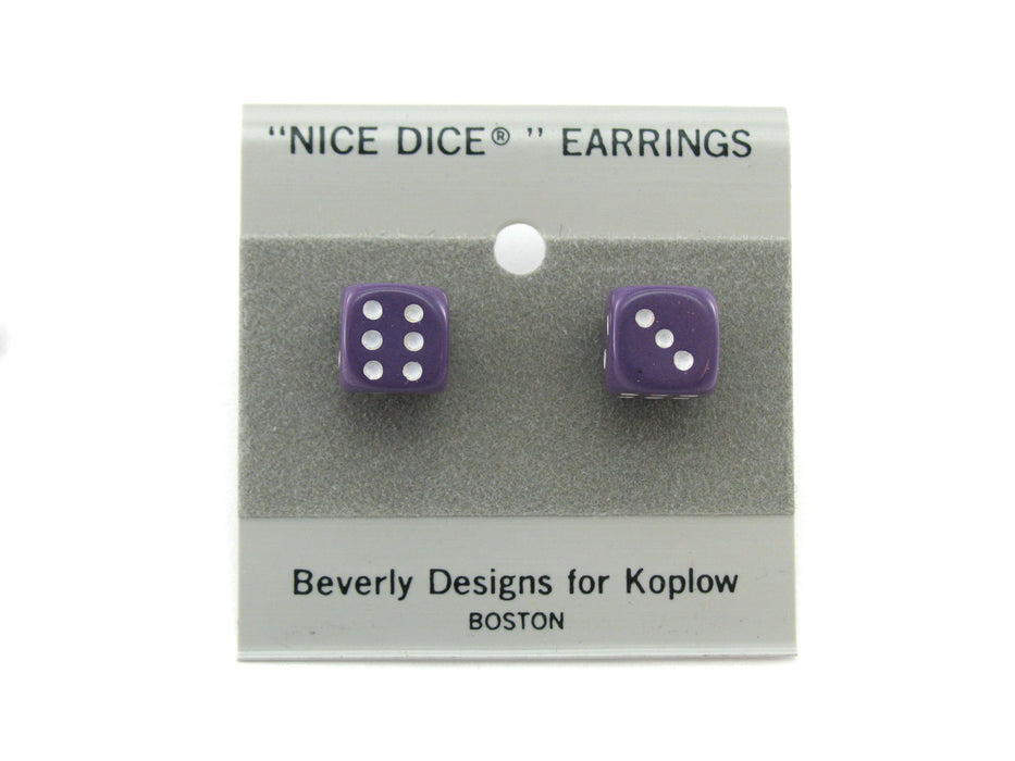 10mm Post Stud Dice Earrings - Opaque Purple with White Pips