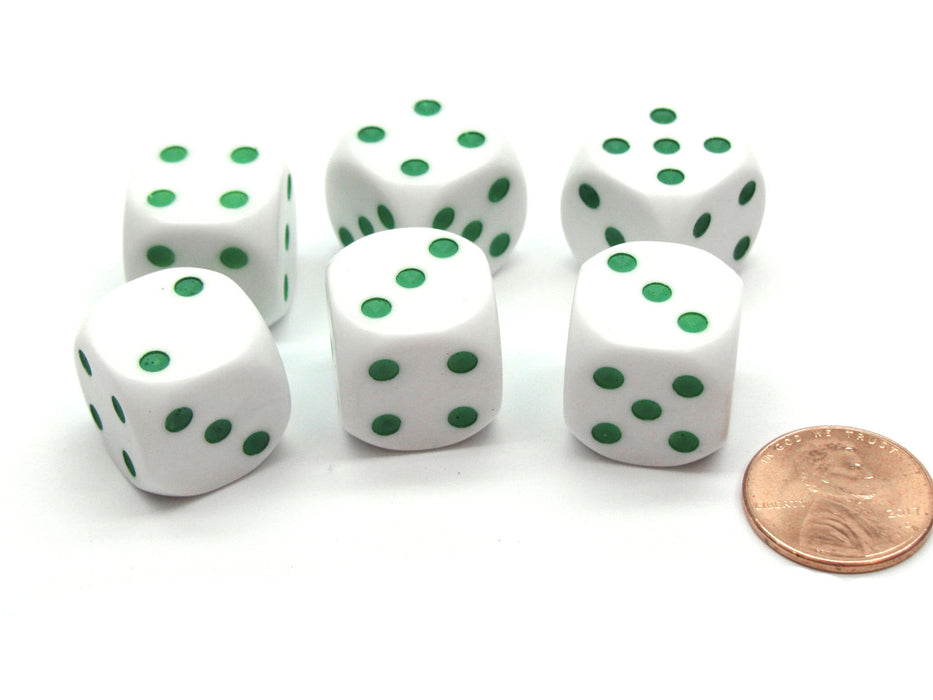 Pack of 6 Spotted 16mm Averaging Dice (2-3-3-4-4-5) - White with Green Spots