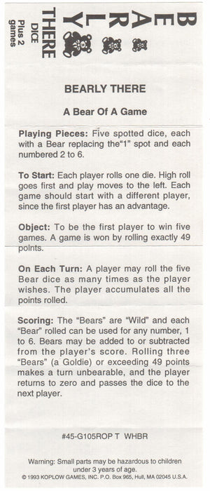 Bearly There Dice Game 5 Dice Set with Travel Tube and Instructions