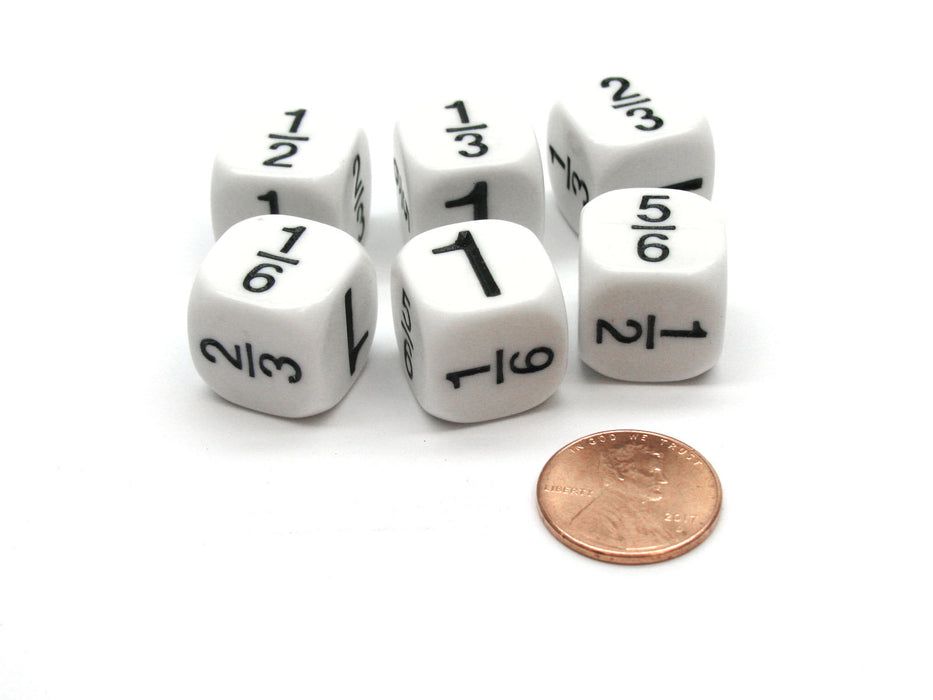 Pack of 6 16mm Fraction Math Dice: 1,1/2, 1/3, 1/6, 2/3, 5/6 - White with Black