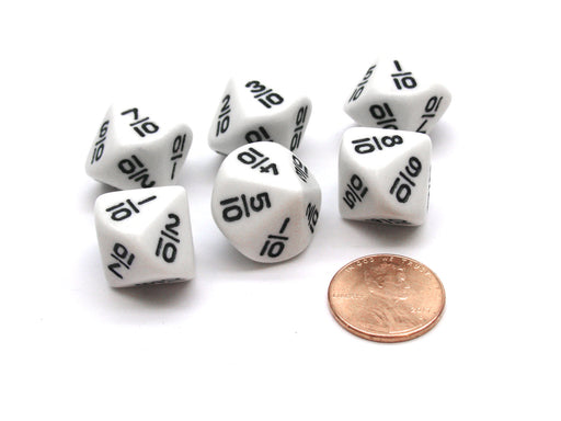 Pack of 6 10 Sided Fraction Math Dice: 1/10 to 10/10 - White with Black Numbers