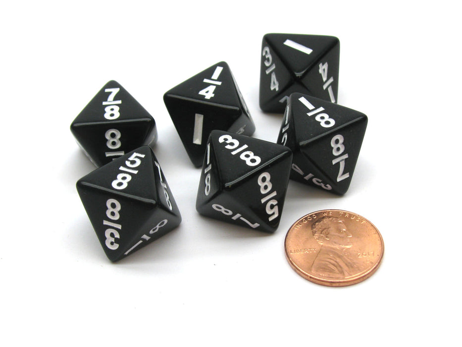 Pack of 6 Math Dice 8-Sided Fraction: 1/8 to 1 - Black with White