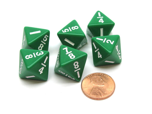 Pack of 6 Math Dice 8-Sided Fraction: 1/8 to 1 - Green with White