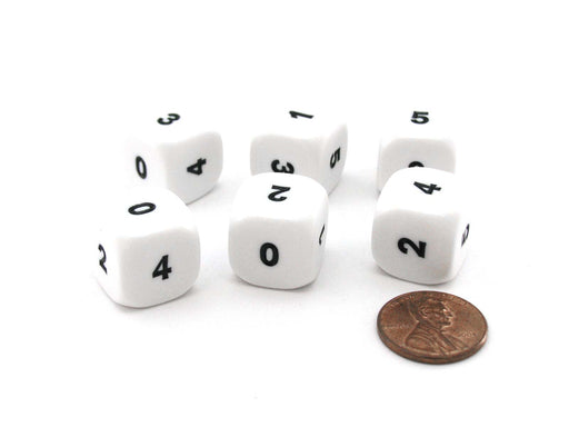 Pack of 6 Opaque Math Number (0-5) 16mm Dice - White with Black Small Numbers
