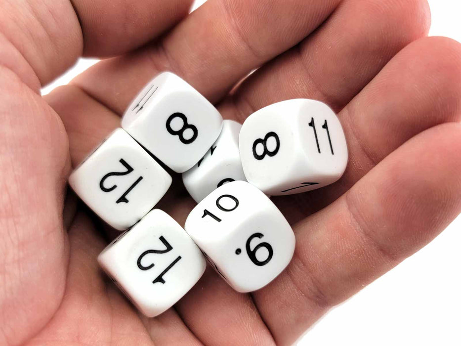 Pack of 6 Opaque Math Number (Numbered 7-12) 16mm Dice - White (SECONDS)