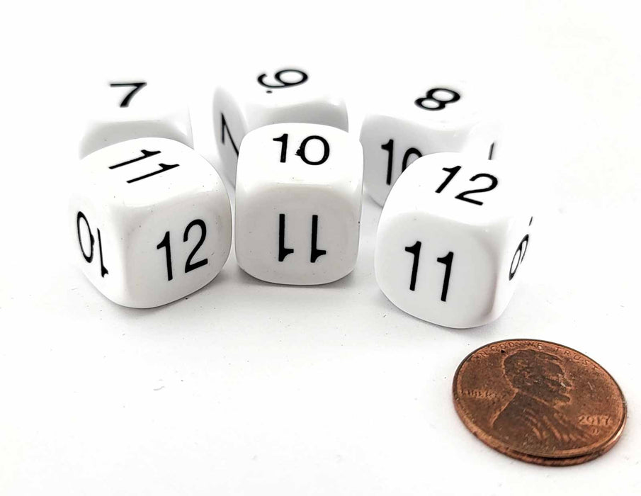 Pack of 6 Opaque Math Number (Numbered 7-12) 16mm Dice - White (SECONDS)