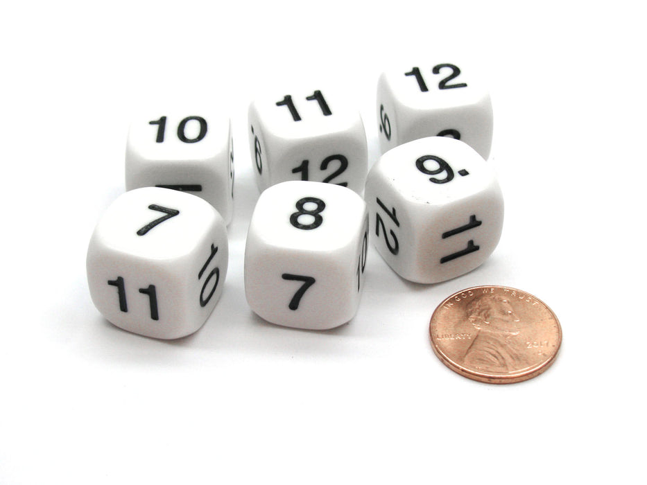 Pack of 6 Opaque Math Number (Numbered 7-12) 16mm Dice - White with Black
