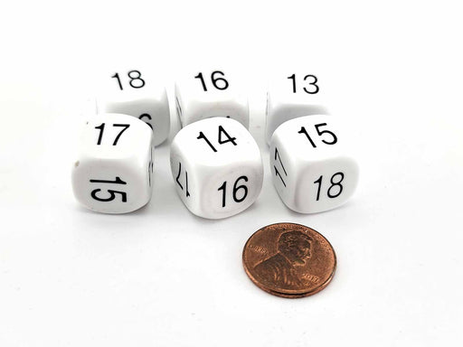 Pack of 6 Opaque Math Number (13-18) 16mm Dice - White with Black Normal Font