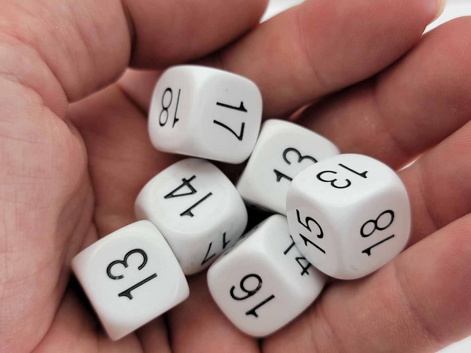 Pack of 6 Opaque Math Number (13-18) 16mm Dice - White with Black Normal Font