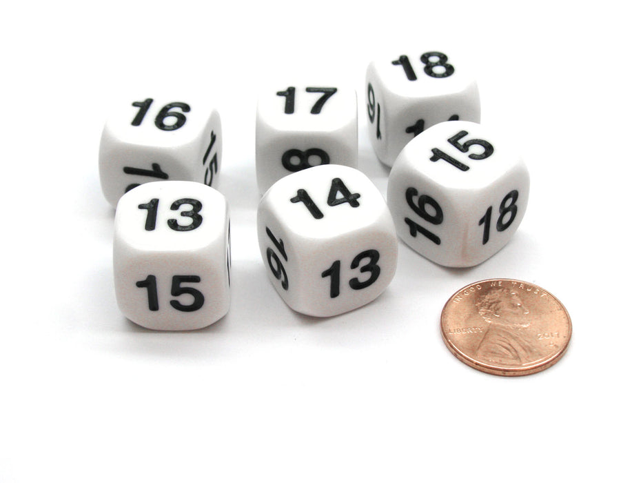 Pack of 6 Opaque Math Number (Numbered 13-18) 16mm Dice - White with Black