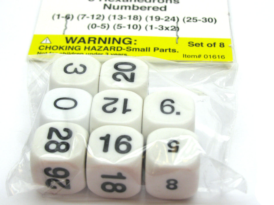 Pack of 8 Math Numbers 16mm Dice - White with Black Numbers