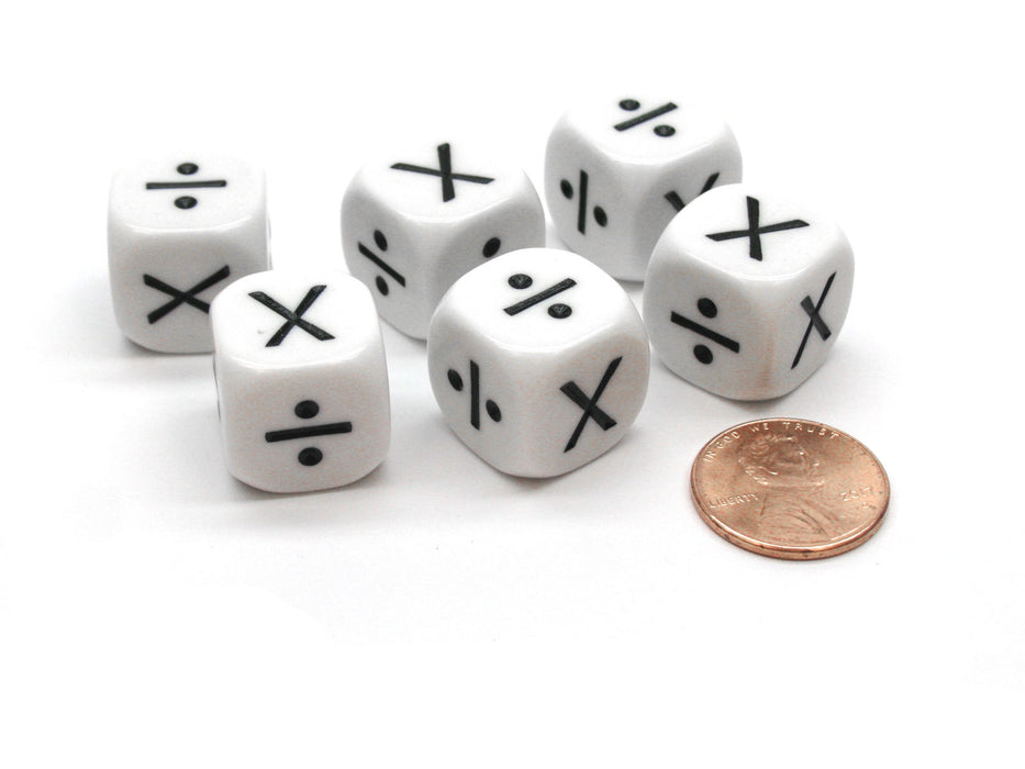 Pack of 6 Opaque Math Operator 2 Function (X,/) 16mm Dice - White with Black