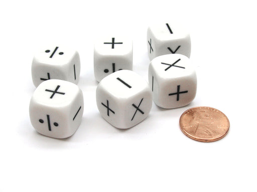 Pack of 6 Opaque Math Operator 4 Function (+,-,X,/) 16mm Dice - White with Black