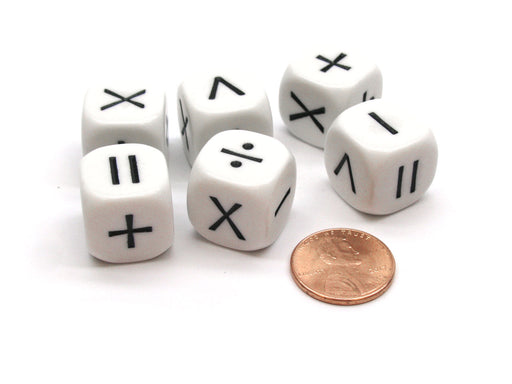 Pack of 6 Math Operator 6 Function (+,-,X,/,>,=) 16mm Dice - White with Black