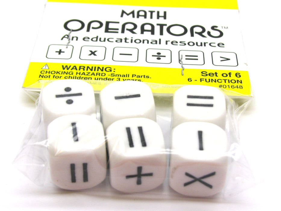 Pack of 6 Math Operator 6 Function (+,-,X,/,>,=) 16mm Dice - White with Black