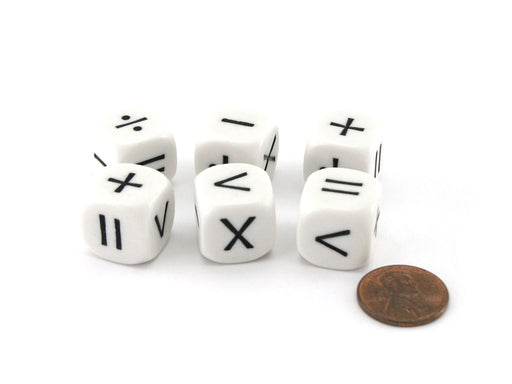 Pack of 6 Math Operator 6 Function (+,-,X,/,>,=) 16mm Dice - White with Black
