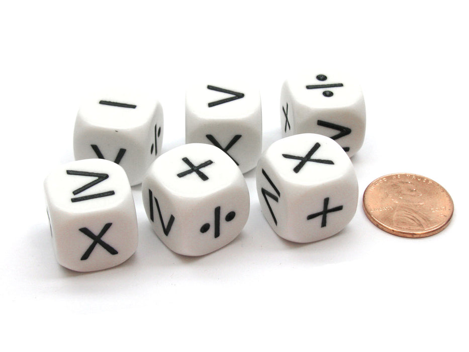 Pack of 6 Math Operator 6 Function (+,-,X,/,>,≥) 16mm Dice - White with Black