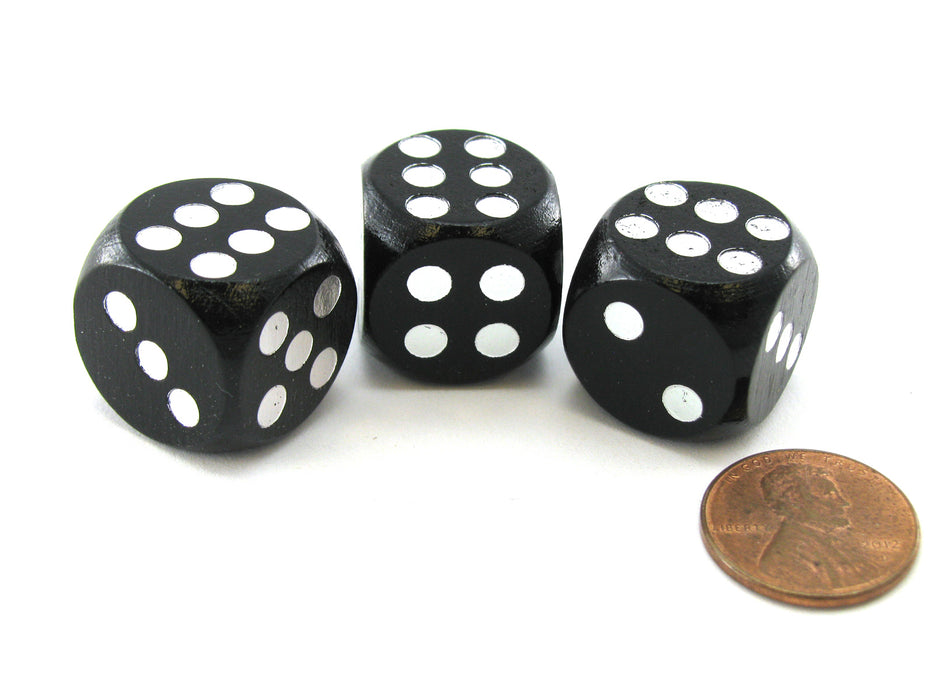 Pack of 3 18mm Wood Dice, Character Builder Loaded to Roll 6s- Black with Silver
