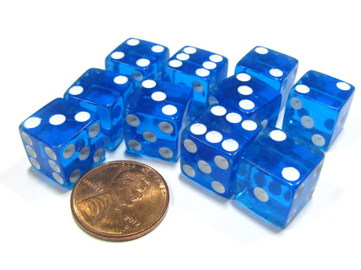 Set of 10 D6 Six-Sided 12mm Transparent Dice - Blue with White Pips
