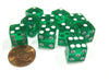 Set of 10 D6 Six-Sided 12mm Transparent Dice - Green with White Pips