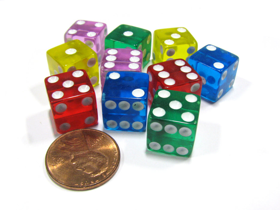 Set of 10 D6 Six-Sided 12mm Transparent Dice - 2 of Blue Green Pink Red Yellow