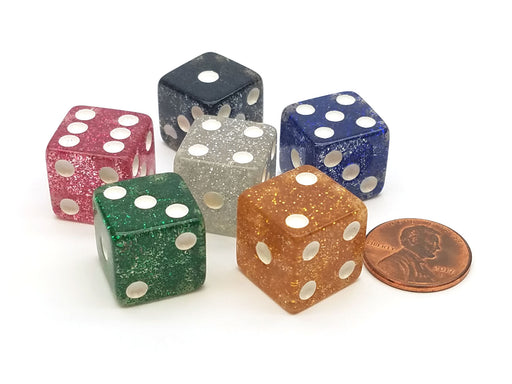Set of 6 16mm D6 Glitter Dice - 1 Each of Red Black Green Yellow Blue White
