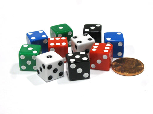Set of 10 D6 12mm Small Square Edge Dice - 2 of Each: Red White Blue Black Green