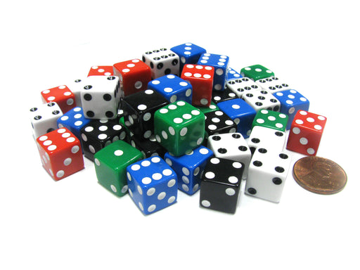 Set of 50 D6 12mm Opaque Square Edge Dice; 10 Each of Red White Blue Green Black